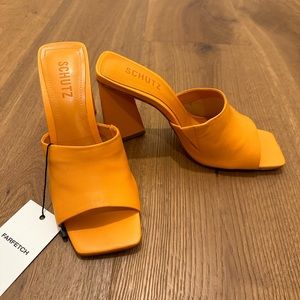 Schutz lizah square-toe 95mm block heel mules - size 38 EUR - bright tangerine